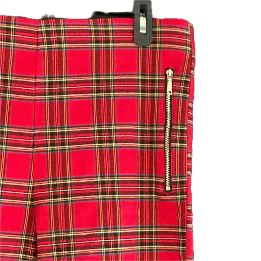 Zara Women Red Plaid Tartan Zipper Skinny Pants Size XL Slim Fit Trousers